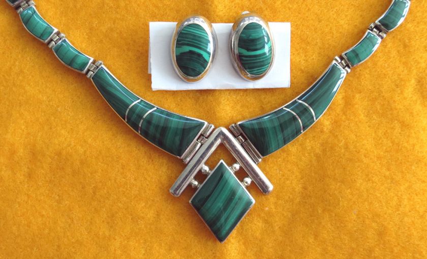 awesome Art Deco TM 153 Green Malachite 950 Sterling Silver necklace 