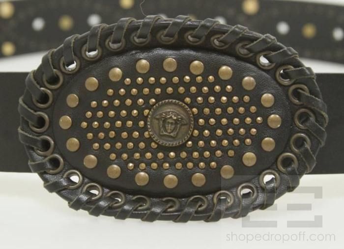 Gianni Versace Black Leather & Brass Studded Belt Size 100/40  