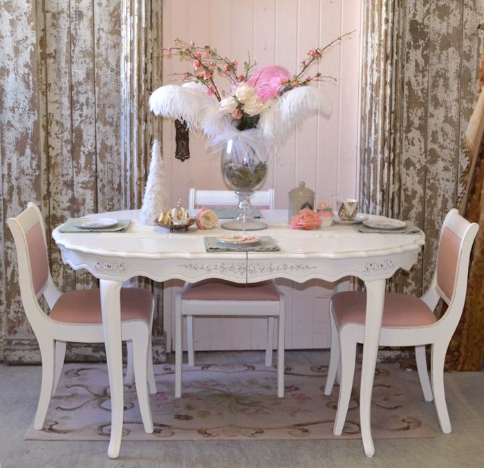   Cottage Chic White Dining Table Oval French Roses Seats 4 Furniture