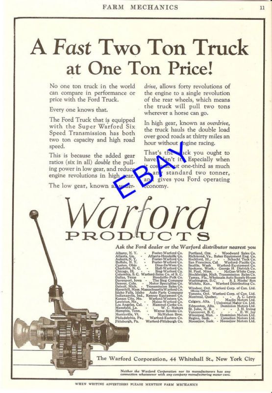 1927 WARFORD FORD TRUCK 6 SPEED TRANSMISSION AD NYC NY  
