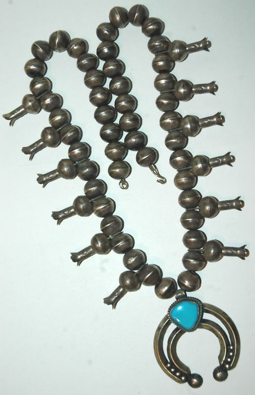   HALLMARKED NAVAJO STERLING TURQUOISE SQUASH BLOSSOM NECKLACE 245G