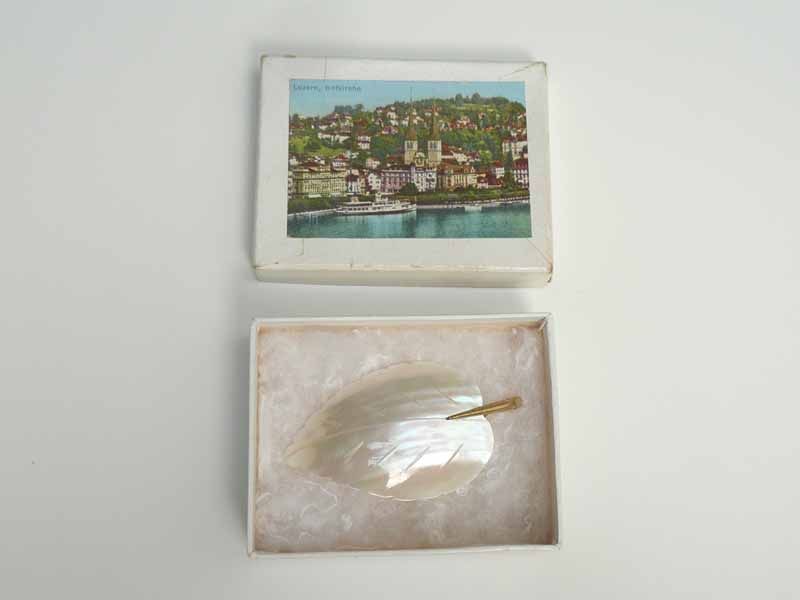 BUCHERER Antique MOP Abalone Leaf Brooch Original & Box  