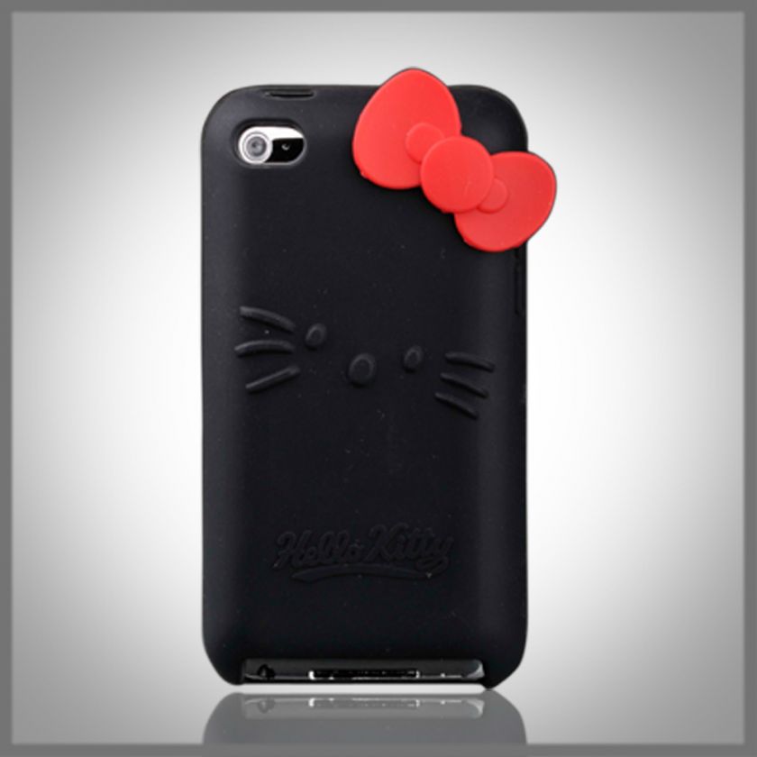 FOR IPOD TOUCH 4 4G HELLO KITTY BLACK SILICONE BOW CASE COVER  