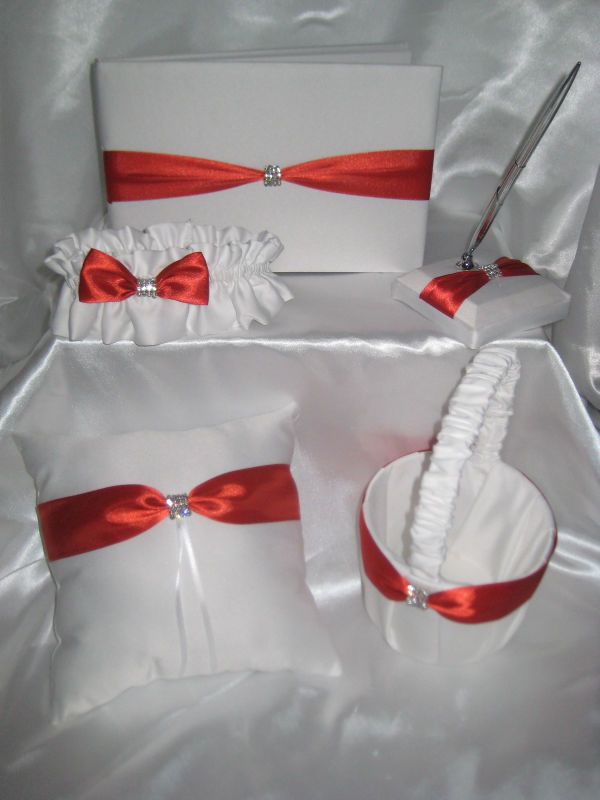 Beautiful white satin and persimmon wedding set includes guest book 
